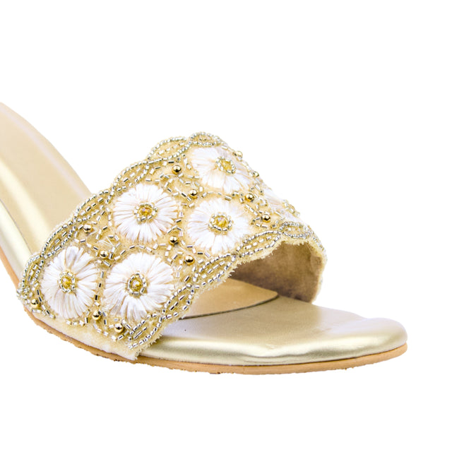 Gold 3in Stiletto Heel Floral Slides | S375H-G