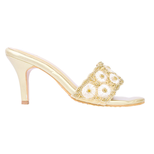 Gold 3in Stiletto Heel Floral Slides | S375H-G