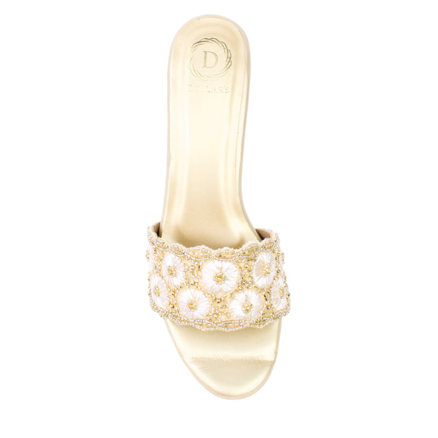 Gold 3in Stiletto Heel Floral Slides | S375H-G