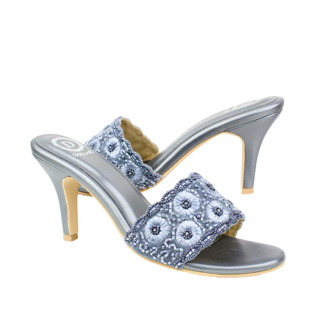 Grey 3in Stiletto Heel Floral Slides | S375H-GR