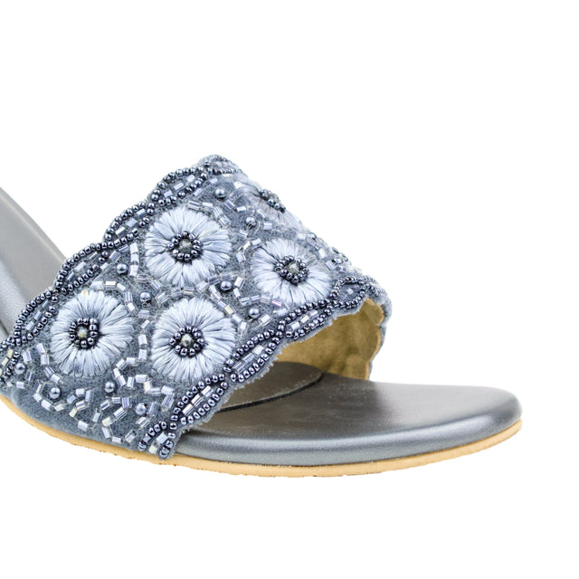 Grey 3in Stiletto Heel Floral Slides | S375H-GR