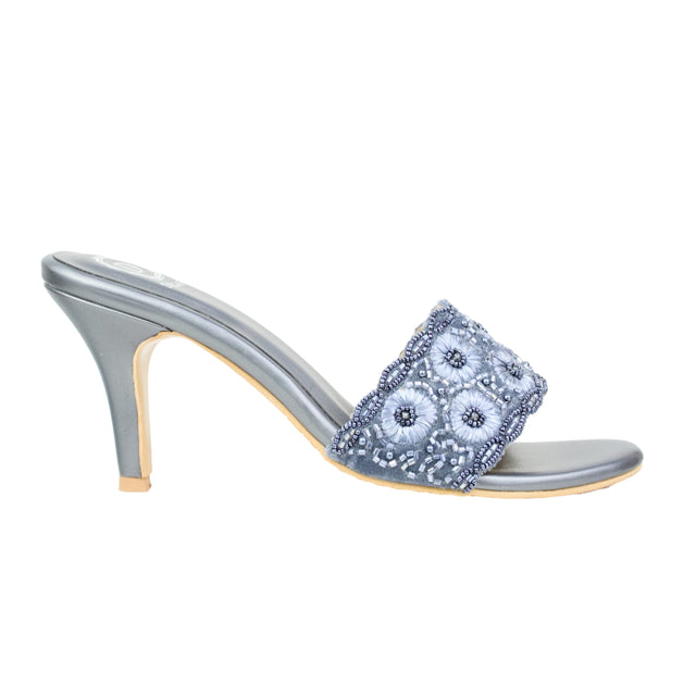 Grey 3in Stiletto Heel Floral Slides | S375H-GR
