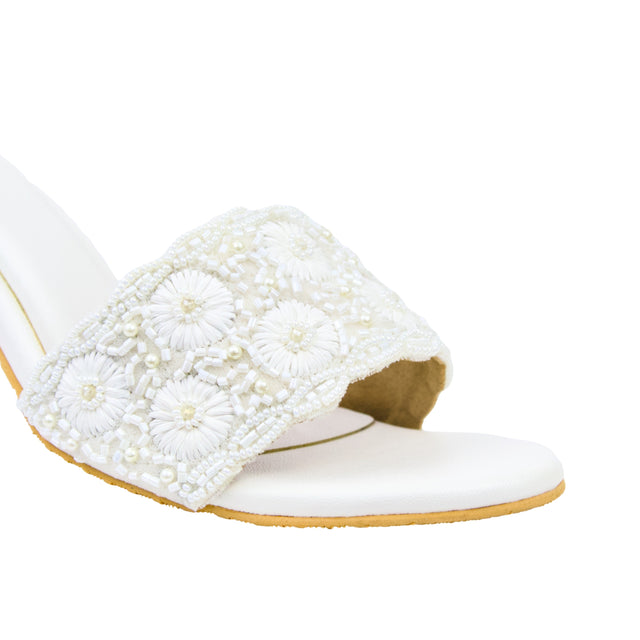 White 3in Stiletto Heel Floral Slides | S375H-W