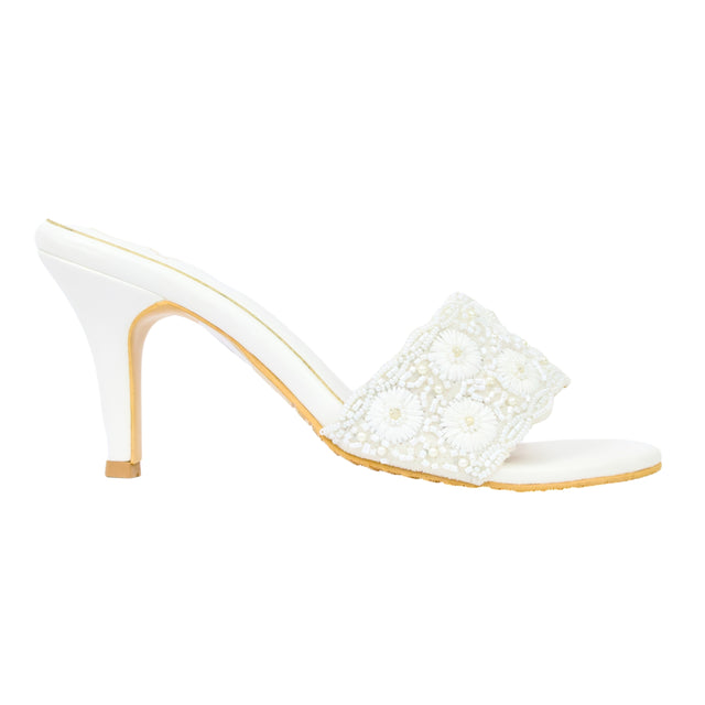 White 3in Stiletto Heel Floral Slides | S375H-W