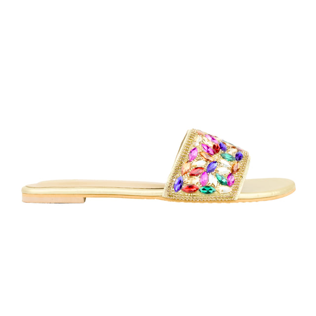 Gold Multi Flat Crystal Encrusted Slip Ons | S376F-GM