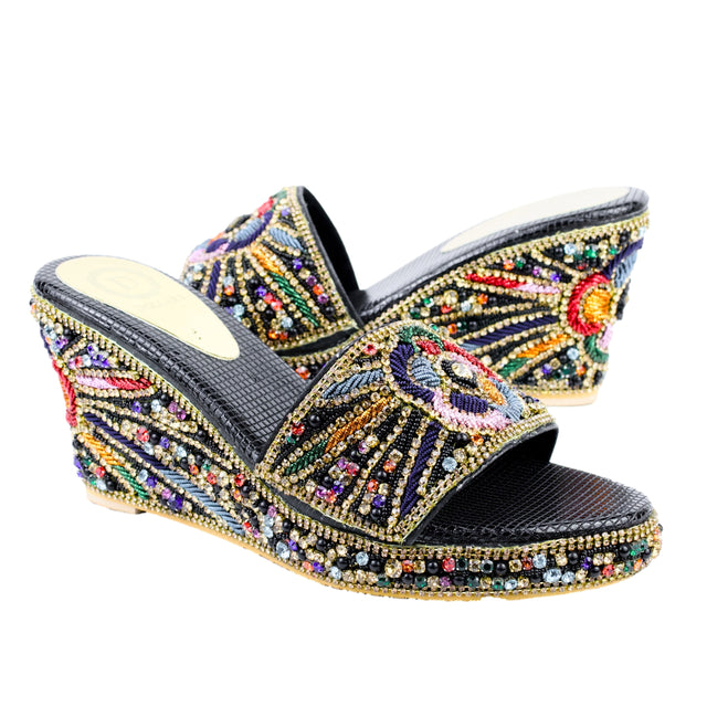Black Multicolour 3in Platform Wedge Shining Sandals | S392W-BM