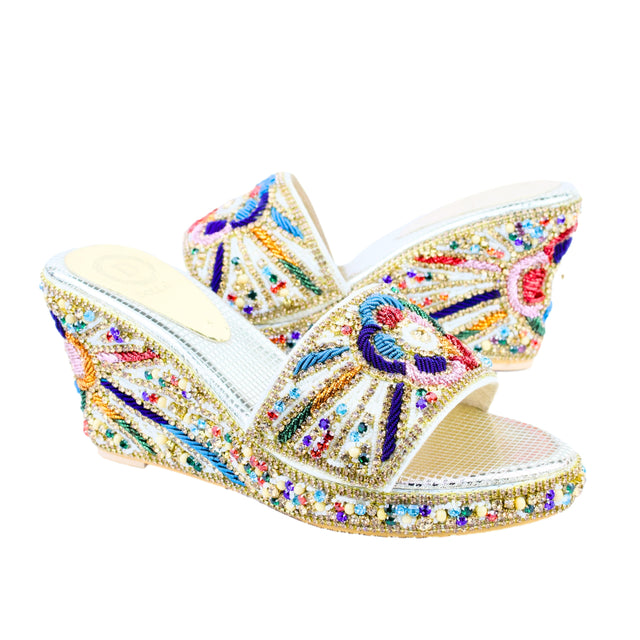 Cream Multicolour 3in Platform Wedge Shining Sandals | S392W-CM