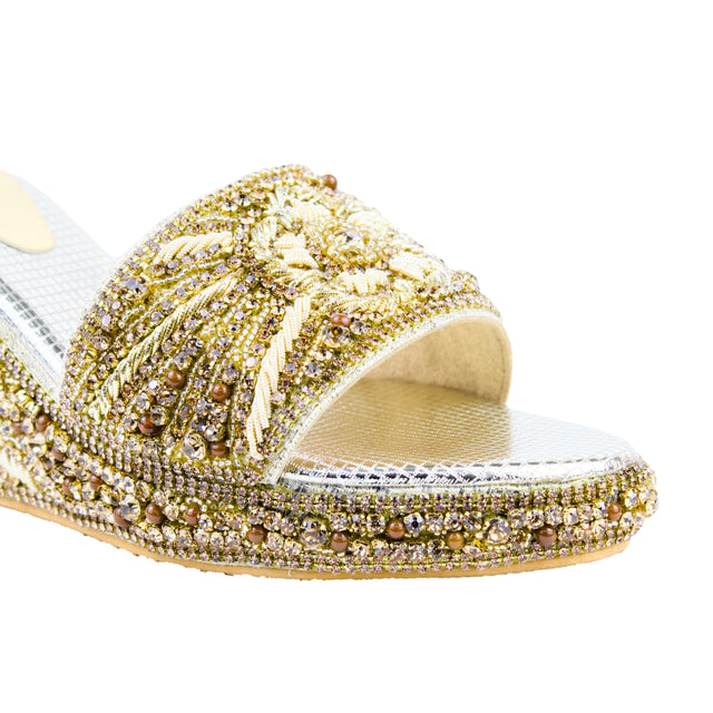 Gold 3in Platform Wedge Shining Slip On Sandals | S392W-G