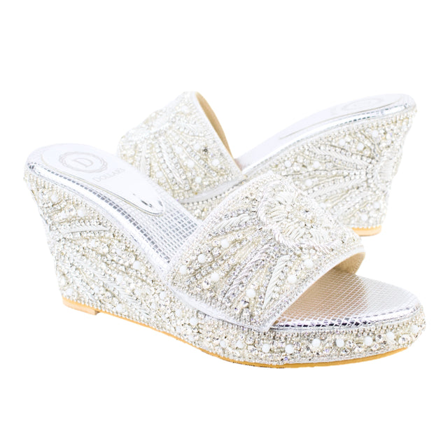 Silver 3in Platform Wedge Shining Slip On Sandals | S392W-S