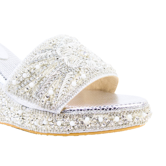 Silver 3in Platform Wedge Shining Slip On Sandals | S392W-S