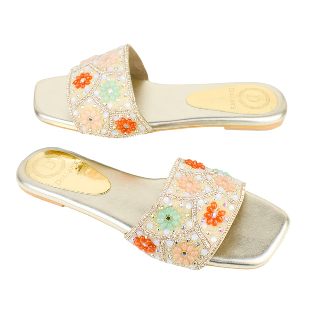Gold Flat Floral Slippers | S397F-G