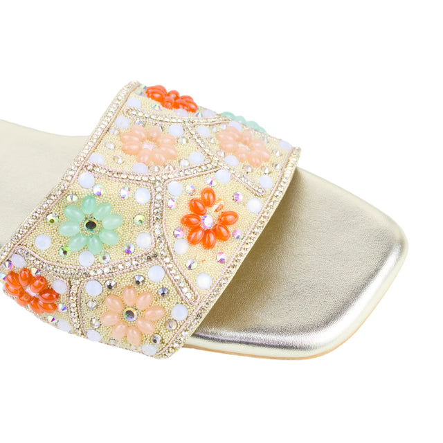 Gold Flat Floral Slippers | S397F-G
