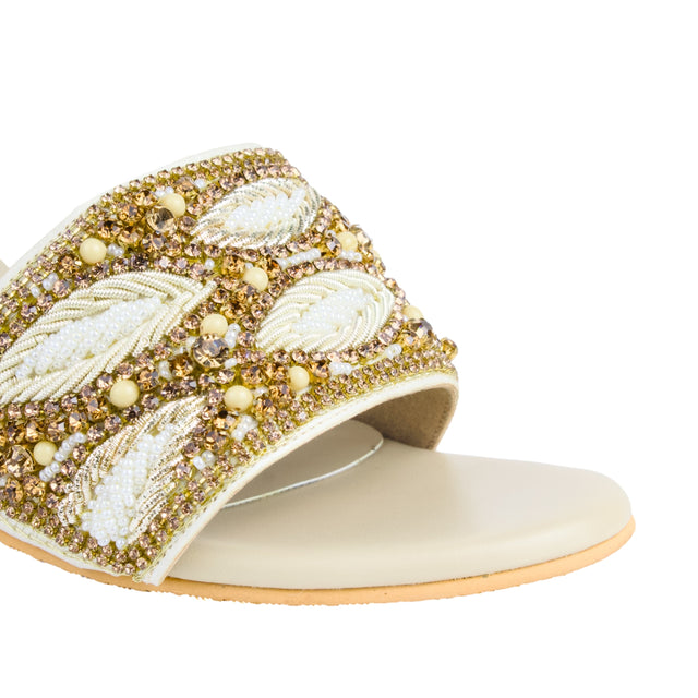 Crystal Handcrafted Cream Heel Sandals