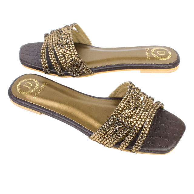Brown Flat Crystal Encrusted Slip Ons | S84F-BR