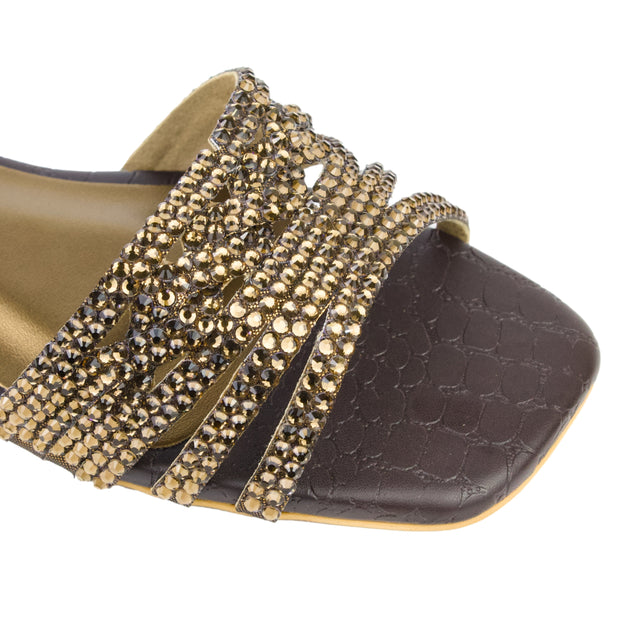 Brown Flat Crystal Encrusted Slip Ons | S84F-BR
