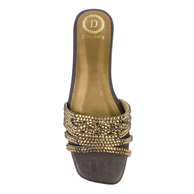 Brown Flat Crystal Encrusted Slip Ons | S84F-BR