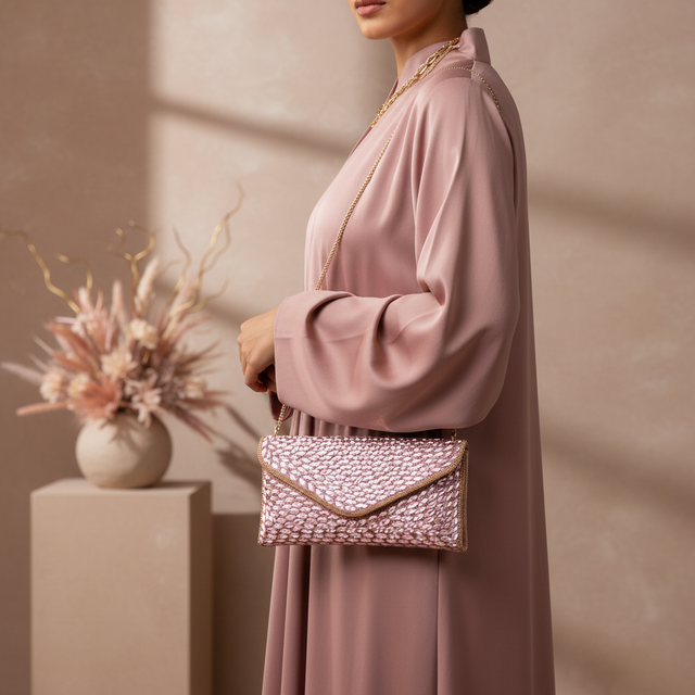 Light Pink Handcrafted Beads Work Beaded Chain Handbags