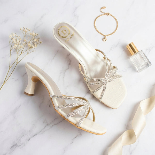 Zoya Ramadan 3in Cream Flared Heel Rhinestone Sandals | S141H-C