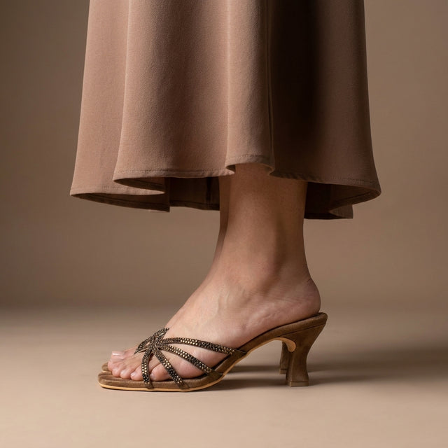 Zoya Ramadan 3in Mocha Flared Heel Rhinestone Sandals | S141H-MCH