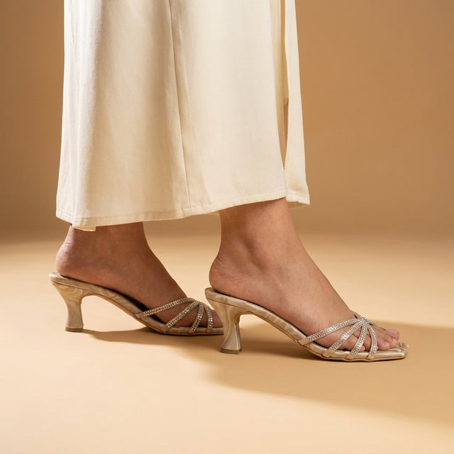 Zoya Nude 3in Flared Heel Rhinestone Mule Sandals | S141H-N