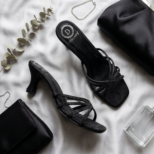 Zoya Ramadan 3in Noir Flared Heel Rhinestone Sandals | S141H-NOR