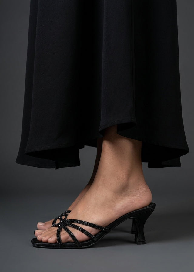 Zoya Ramadan 3in Noir Flared Heel Rhinestone Sandals | S141H-NOR