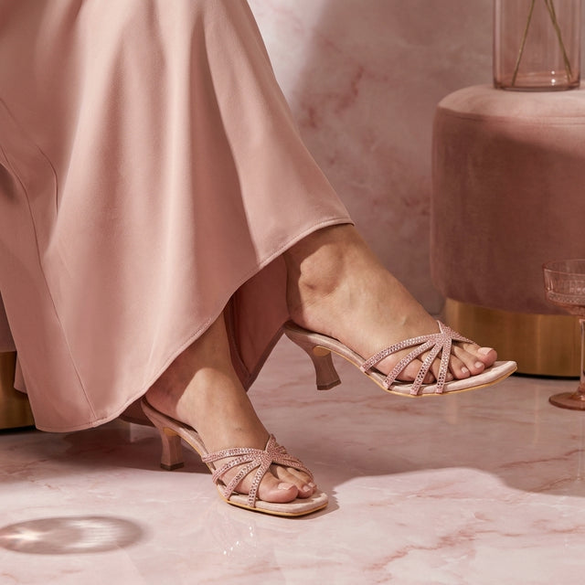 Zoya Ramadan 3in Peachy Flared Heel Rhinestone Sandals | S141H-PCH