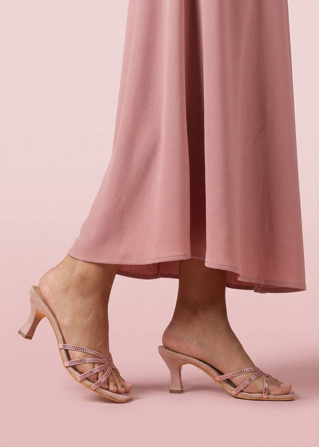 Zoya Ramadan 3in Peachy Flared Heel Rhinestone Sandals | S141H-PCH