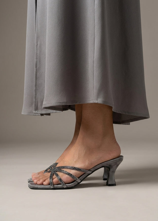 Zoya Ramadan 3in Smoke Flared Heel Rhinestone Sandals | S141H-SMK