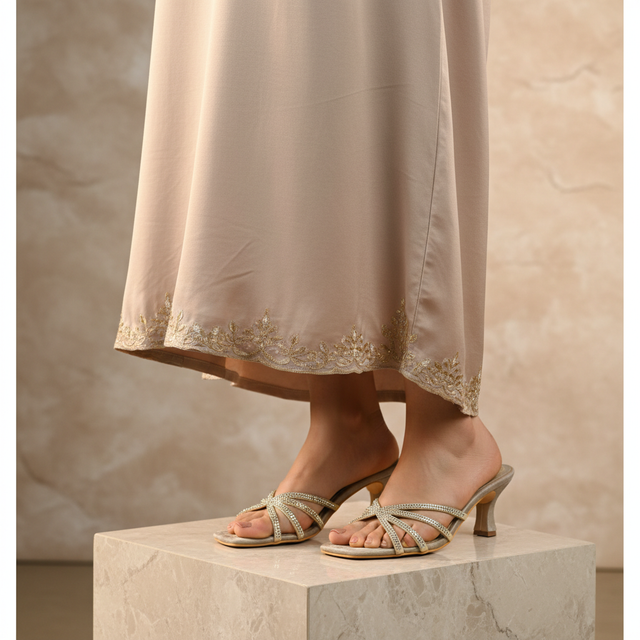 Zoya Ramadan 3in Sandstone Flared Heel Rhinestone Sandals | S141H-SND