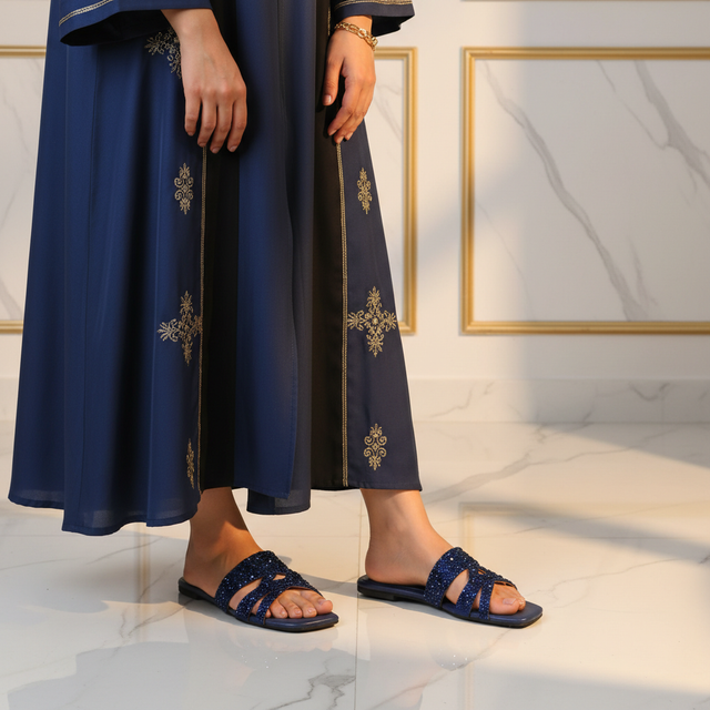 Aliyah Navy Blue Flat Artisan-Made Slippers | S156F-NVY
