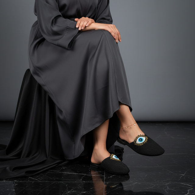 Black Flat Evil Eye Slippers | S208F-B
