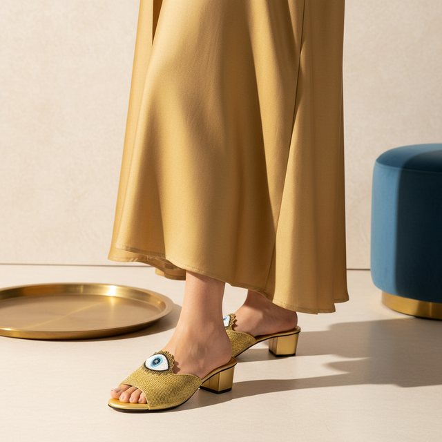 Gold 2in Block Heel Evil Eye Mule Sandals | S209H-G