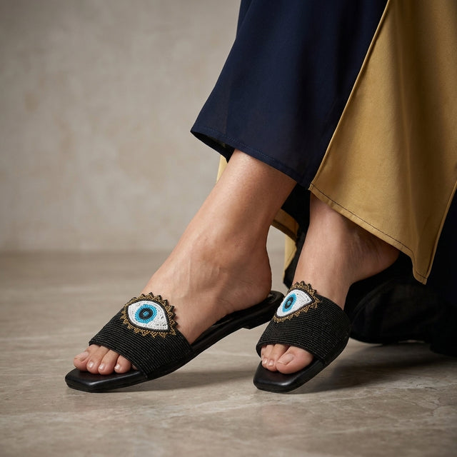 Muna Black Flat Evil Eye Slip-Ons | S210F-B
