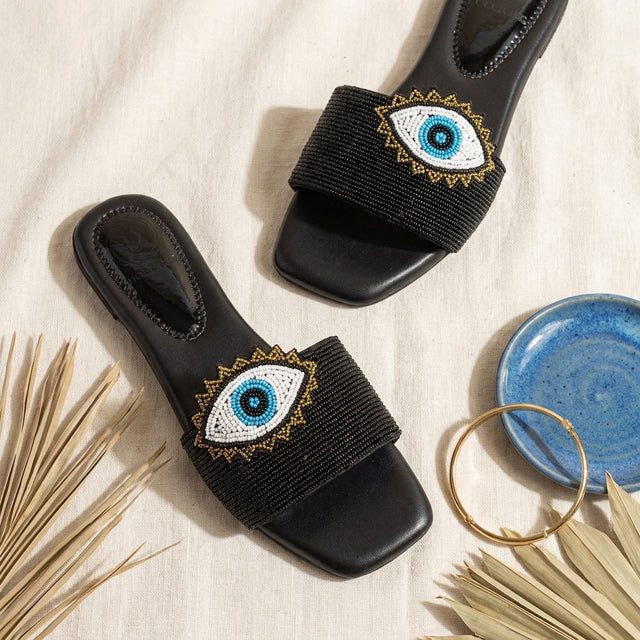 Muna Black Flat Evil Eye Slip-Ons | S210F-B