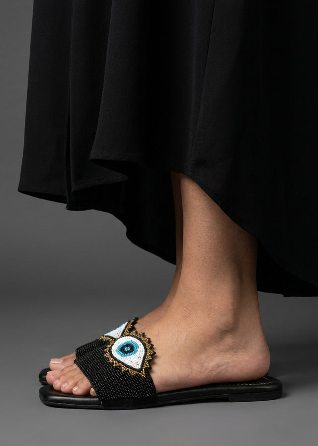 Muna Black Flat Evil Eye Slip-Ons | S210F-B