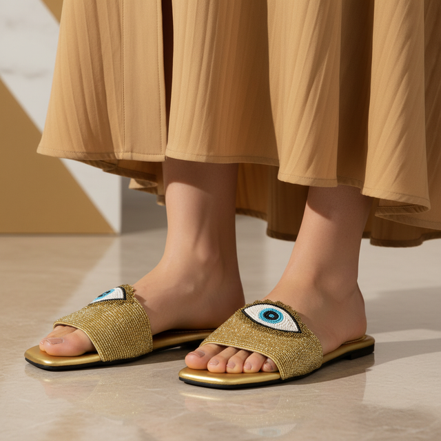 Muna Gold Flat Evil Eye Slip-Ons | S210F-G