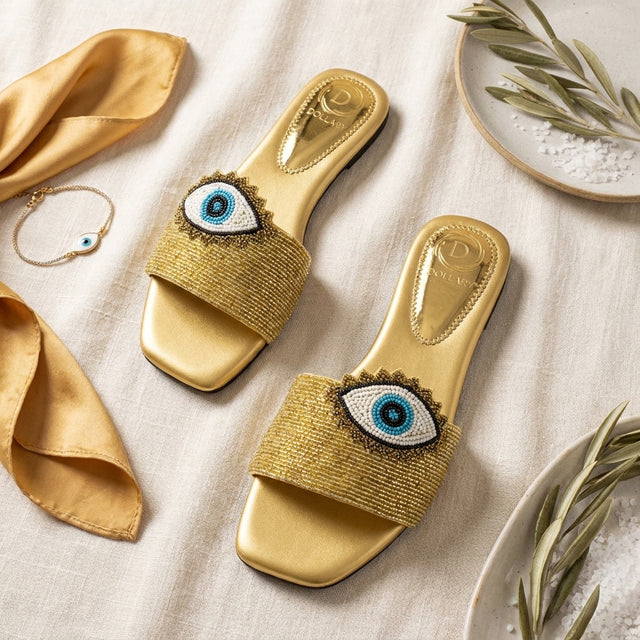Muna Gold Flat Evil Eye Slip-Ons | S210F-G