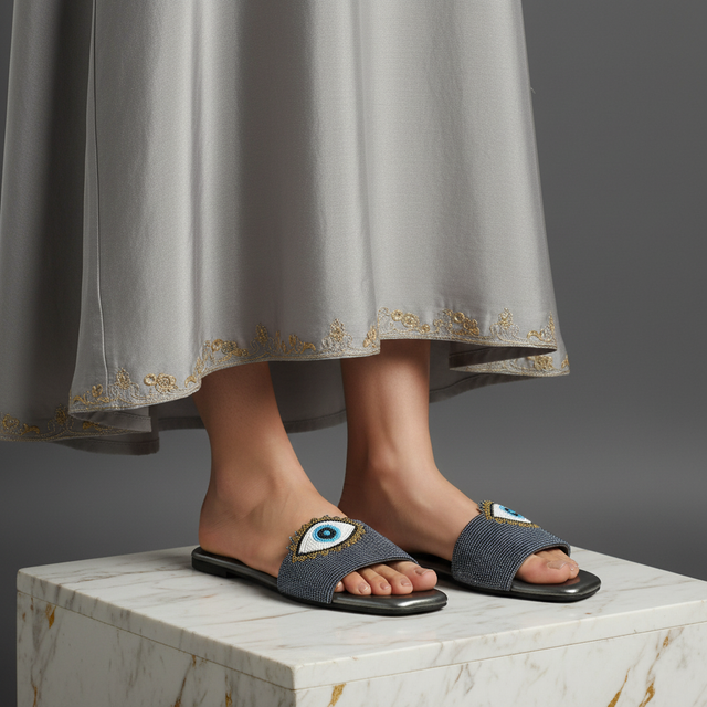 Muna Grey Flat Evil Eye Slip-Ons | S210F-GR
