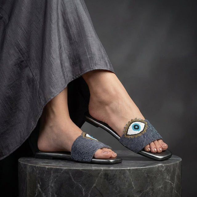 Muna Grey Flat Evil Eye Slip-Ons | S210F-GR