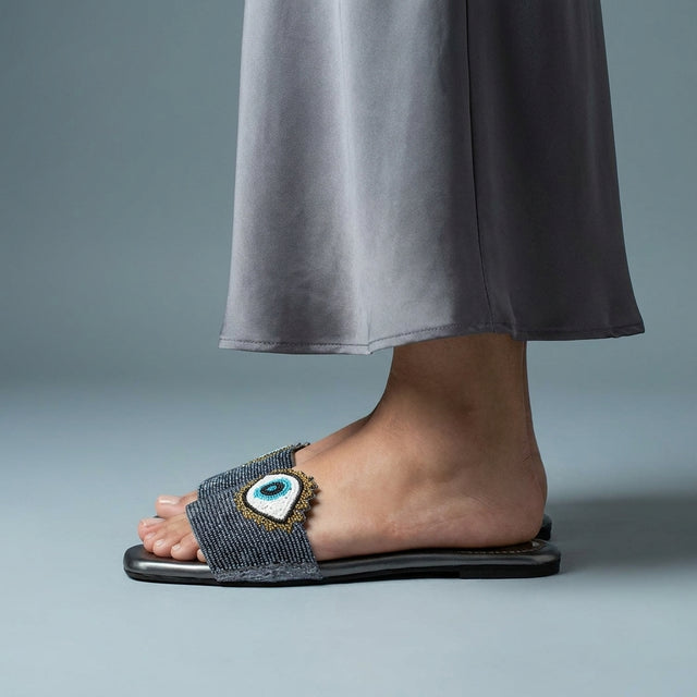 Muna Grey Flat Evil Eye Slip-Ons | S210F-GR