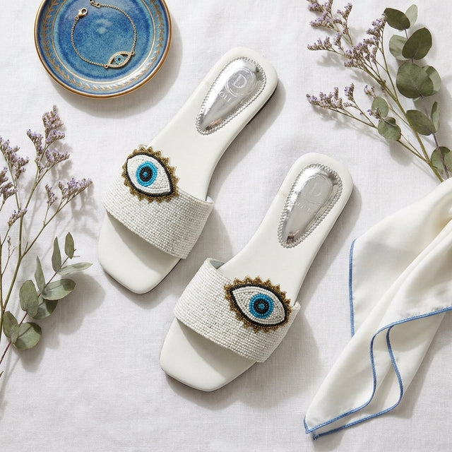 Muna White Flat Evil Eye Slip-Ons | S210F-W