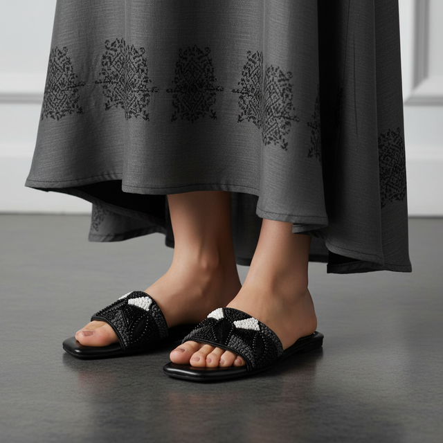 Hala Black Flat Textured Slip-Ons | S212F-B