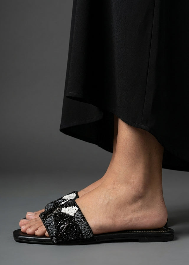 Hala Black Flat Textured Slip-Ons | S212F-B