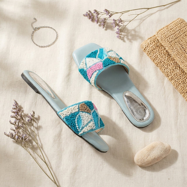 Hala Baby Blue Flat Textured Slip-Ons | S212F-BBL