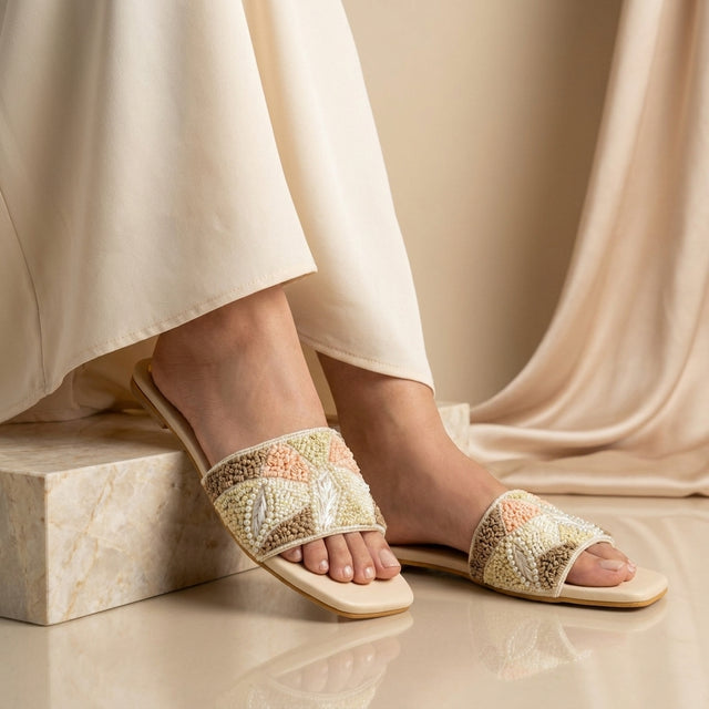 Hala Cream Flat Textured Slip-Ons | S212F-C
