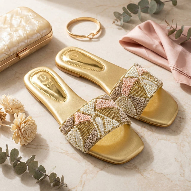 Hala Gold Flat Textured Slip-Ons | S212F-G