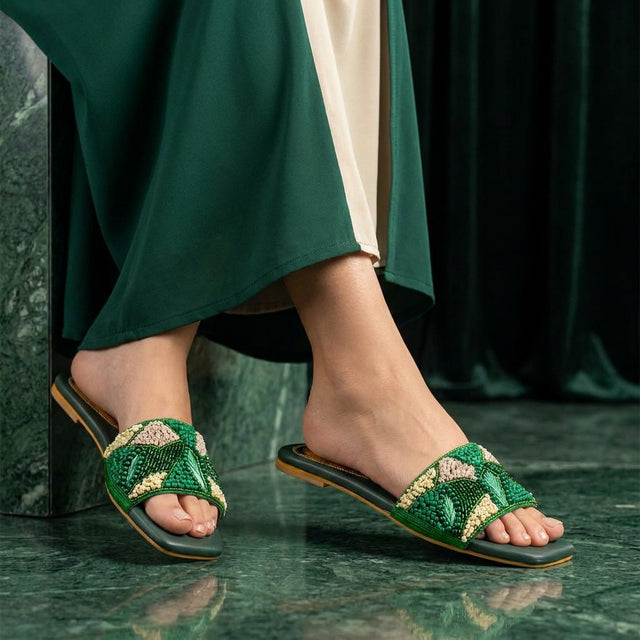 Hala Green Flat Textured Slip-Ons | S212F-GRN