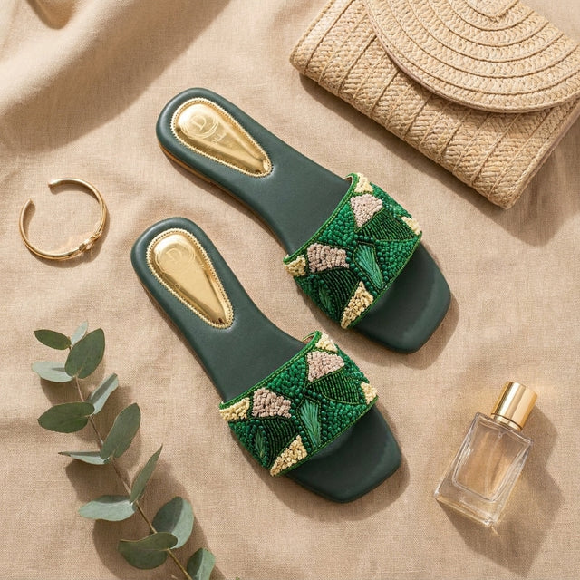 Hala Green Flat Textured Slip-Ons | S212F-GRN