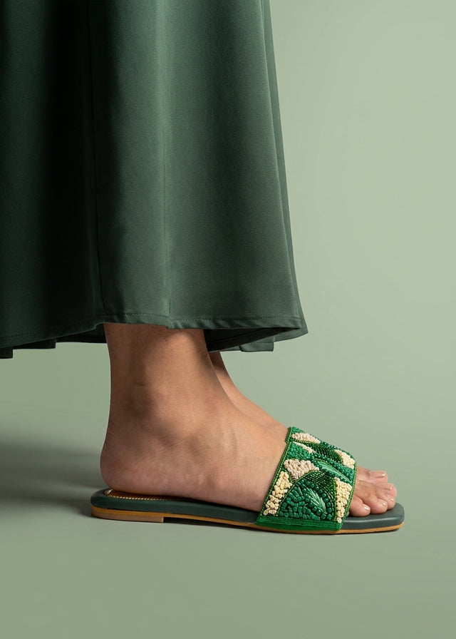 Hala Green Flat Textured Slip-Ons | S212F-GRN